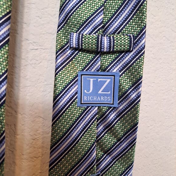 JZ Richards Men's Neck Tie All Silk Handmade In U.S.A 57" Green Blue Striped - Picture 3 of 5